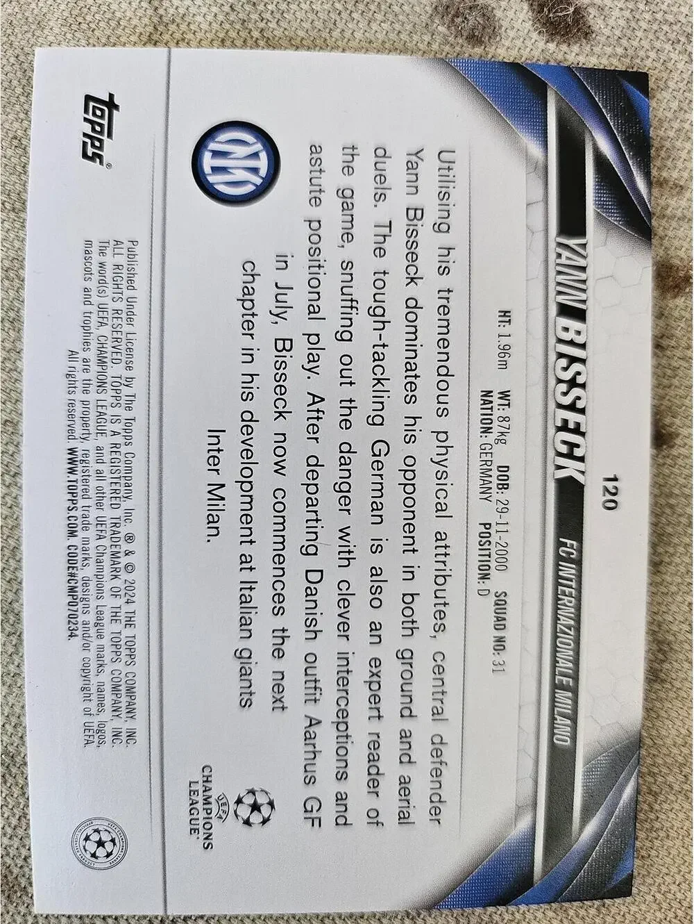 2023-24 Topps UEFA Yann Aurel Bisseck Inter Milan RC Germany Inferno insert